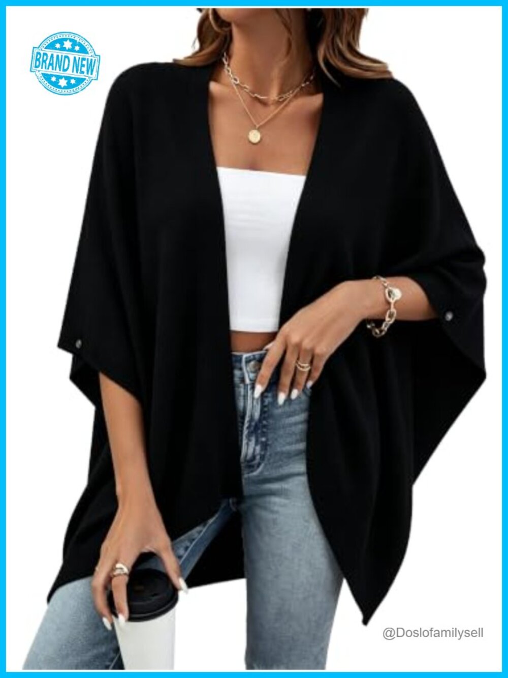 Open Front Knit Poncho Wrap Batwing Sleeve Kimono Cardigan Cape Layering Piece